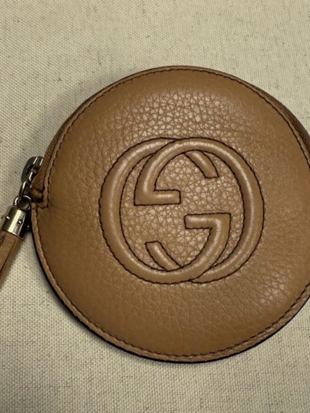 Gucci Tan Leather GG Embossed Round Coin Pouch